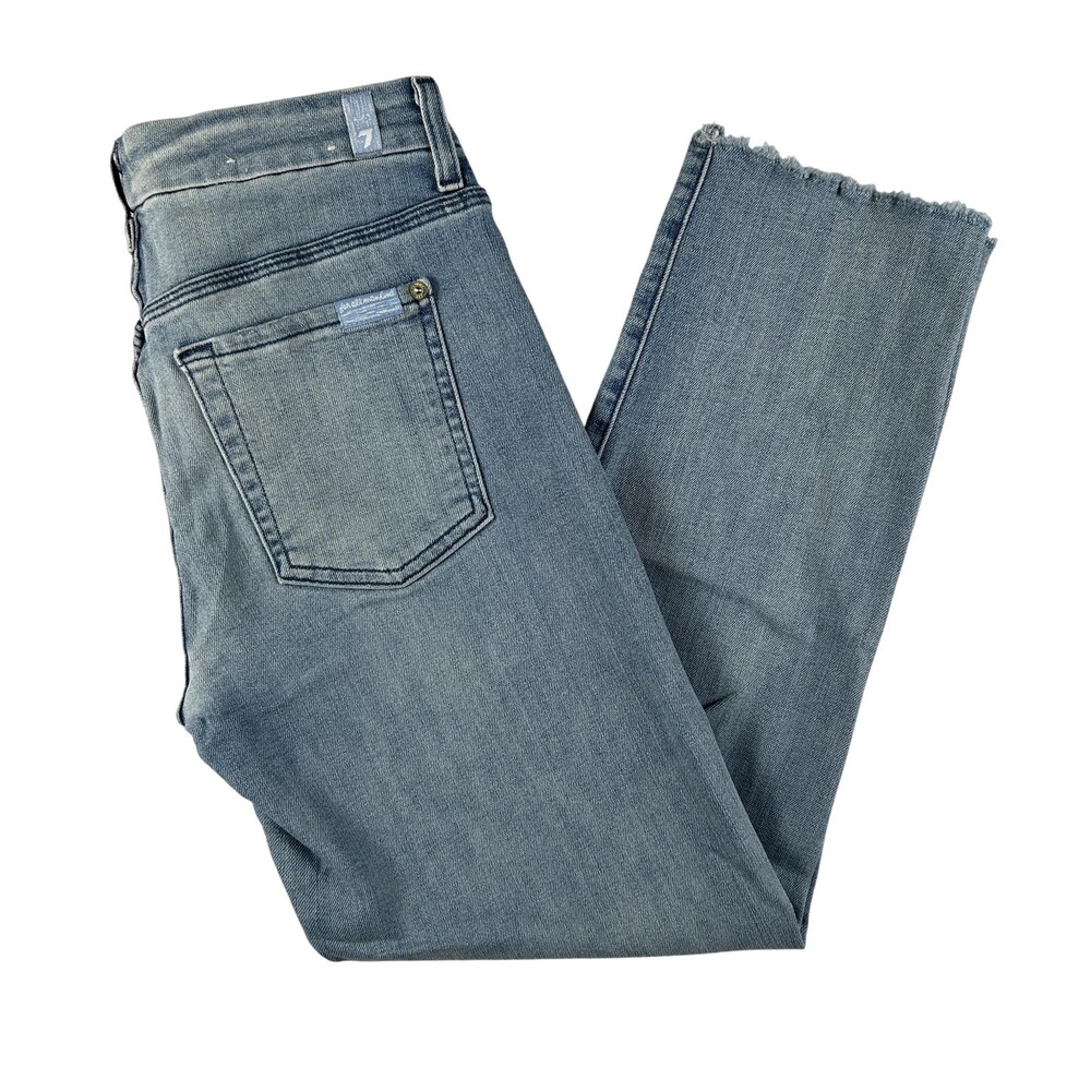 7 For All Mankind Ankle Straight Jeans Womens 29 Light Wash Denim Raw Hem